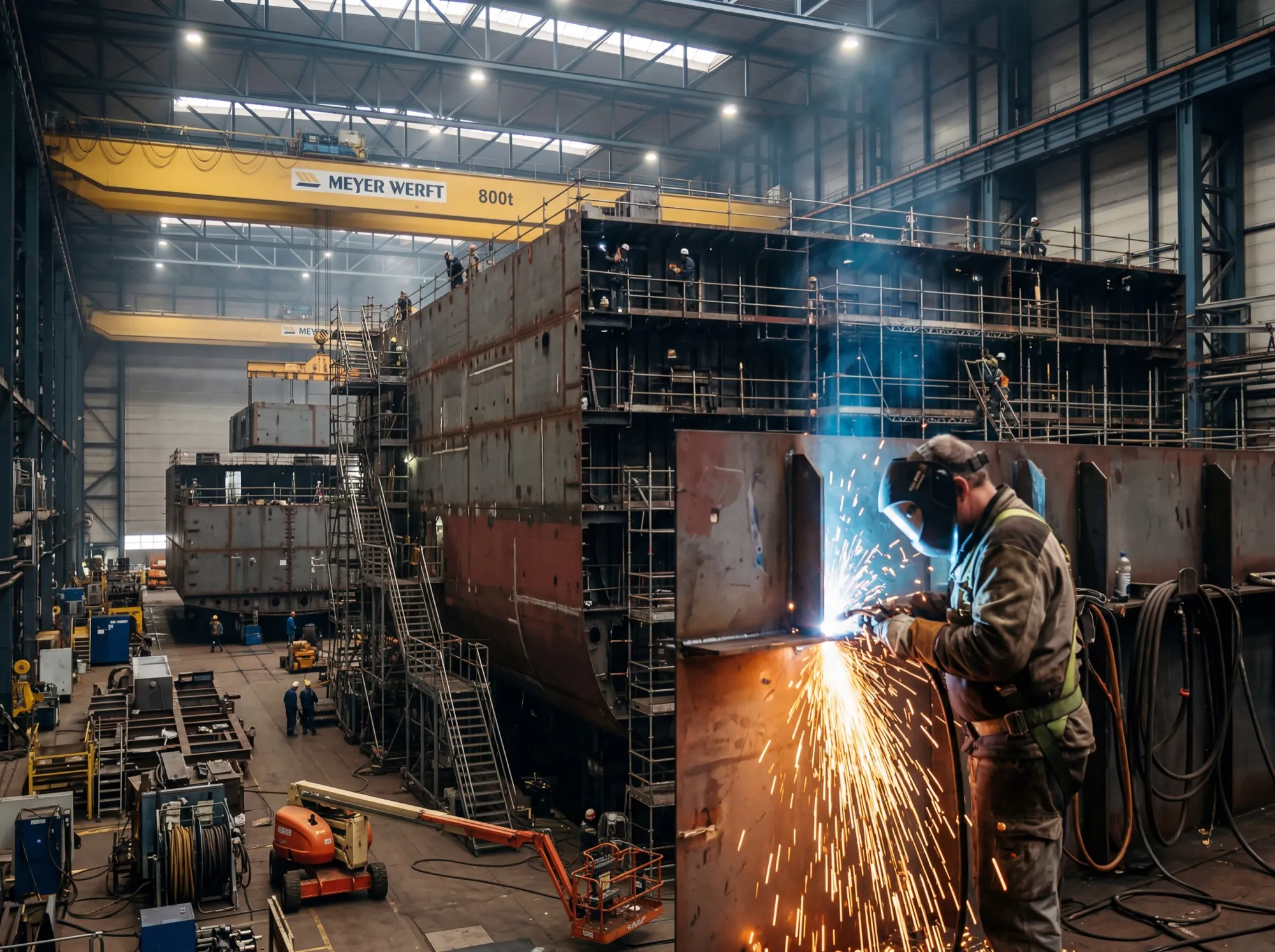 Industriefotografie: Schweißer bei der Arbeit in einer Schiffbau-Werft