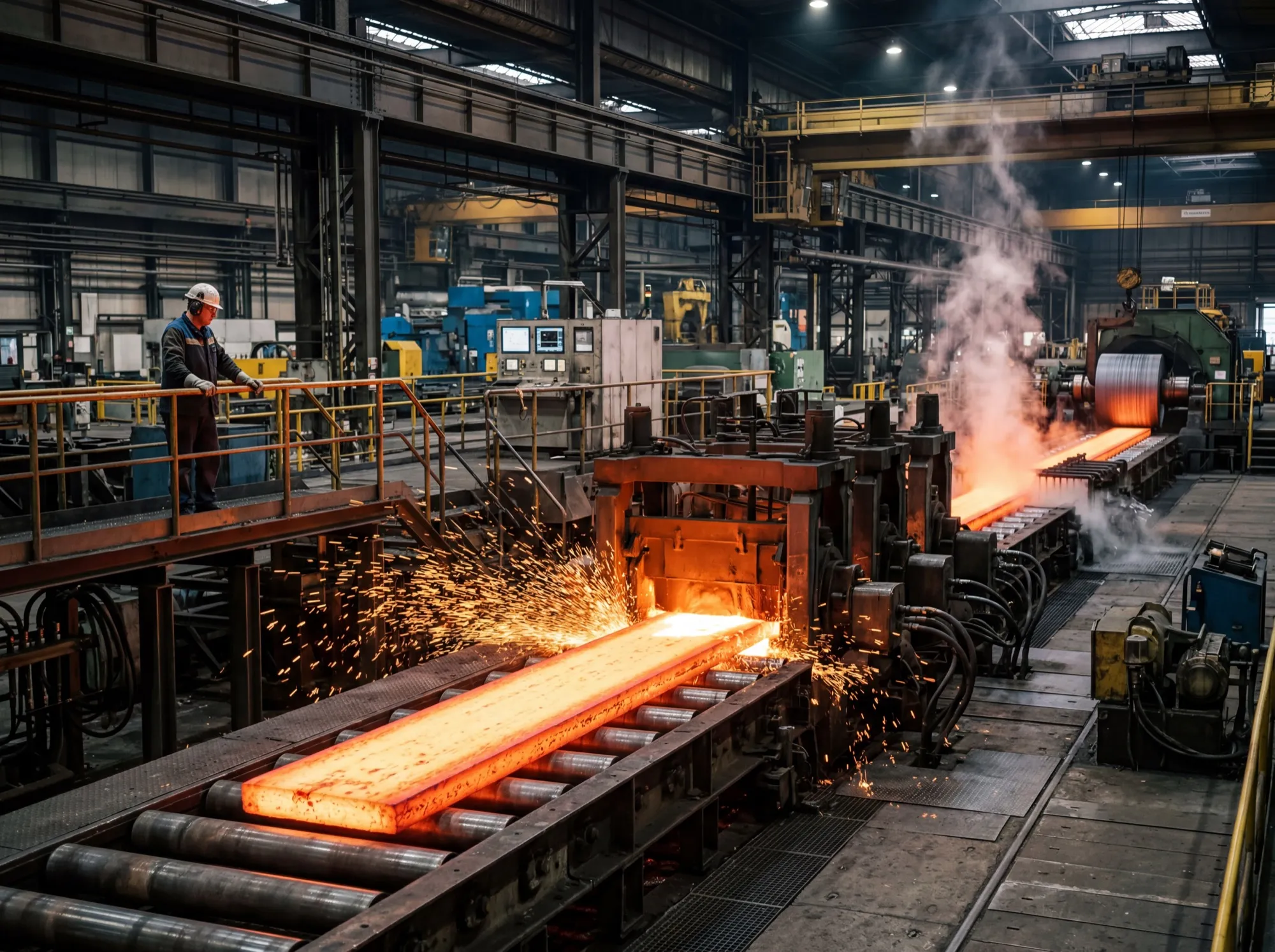 Industriefotografie: glühender Stahl an der Walzstraße im Stahlwerk