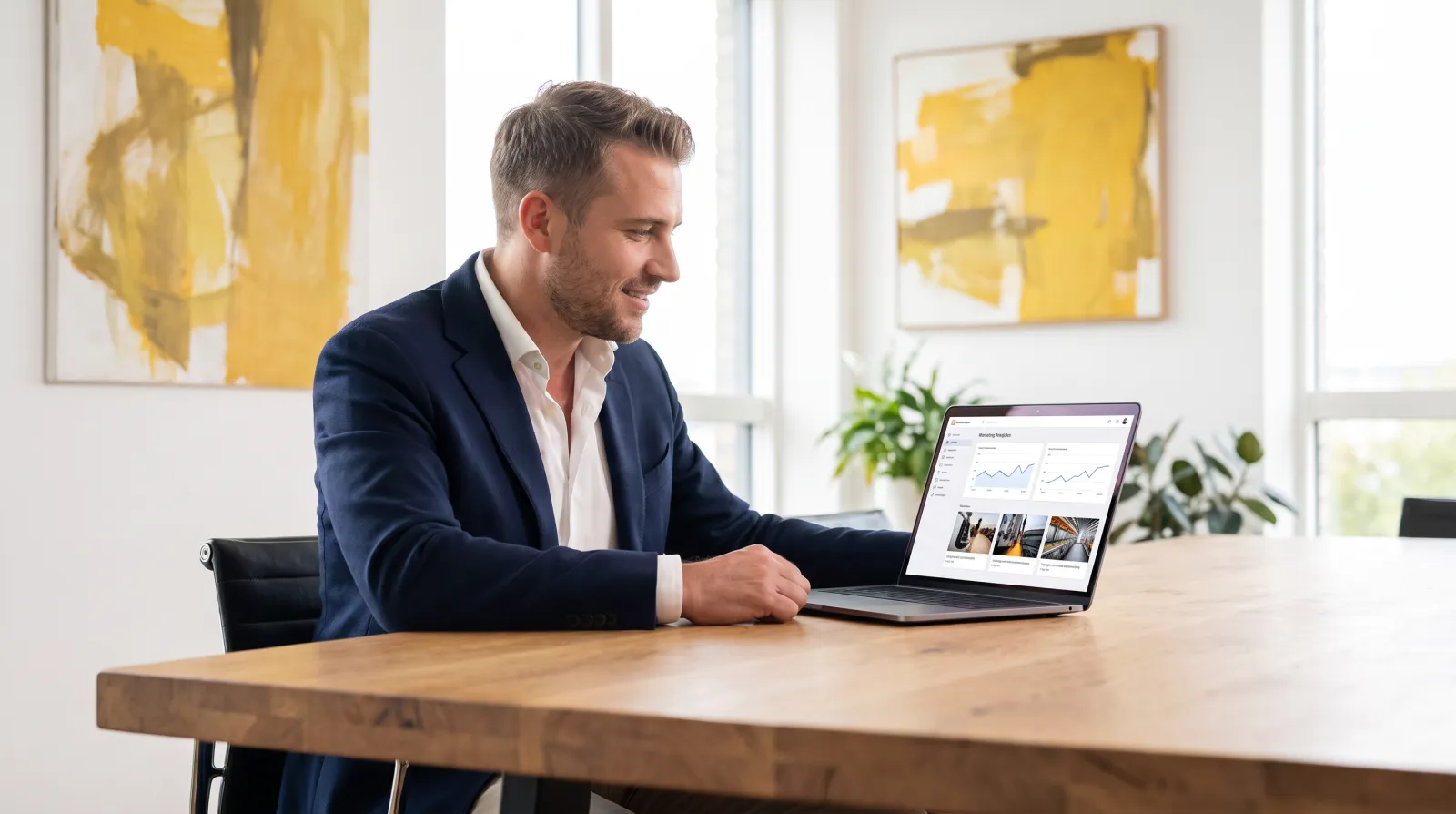 Geschäftsführer prüft die Marketing-Auswertung am Laptop