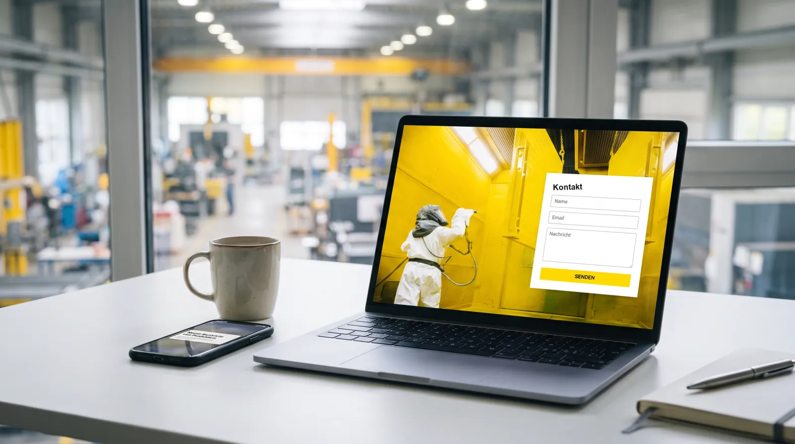 Laptop mit Landingpage und Kontaktformular, im Hintergrund eine Produktionshalle